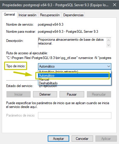 Tipo de inicio del servicio